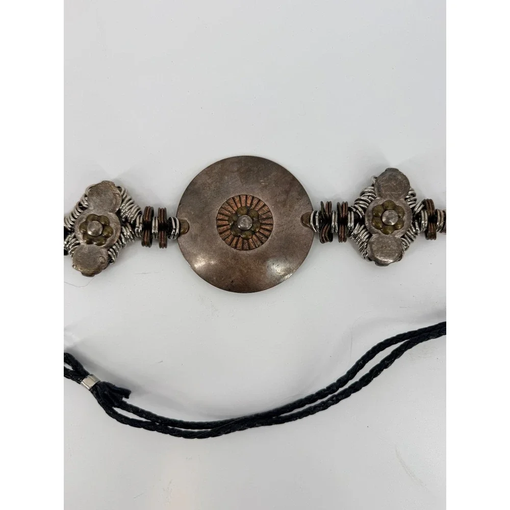 Vintage Boho Waist Belt Ornate Silver Tone Discs Black Cord Adjustable 90s Y2K